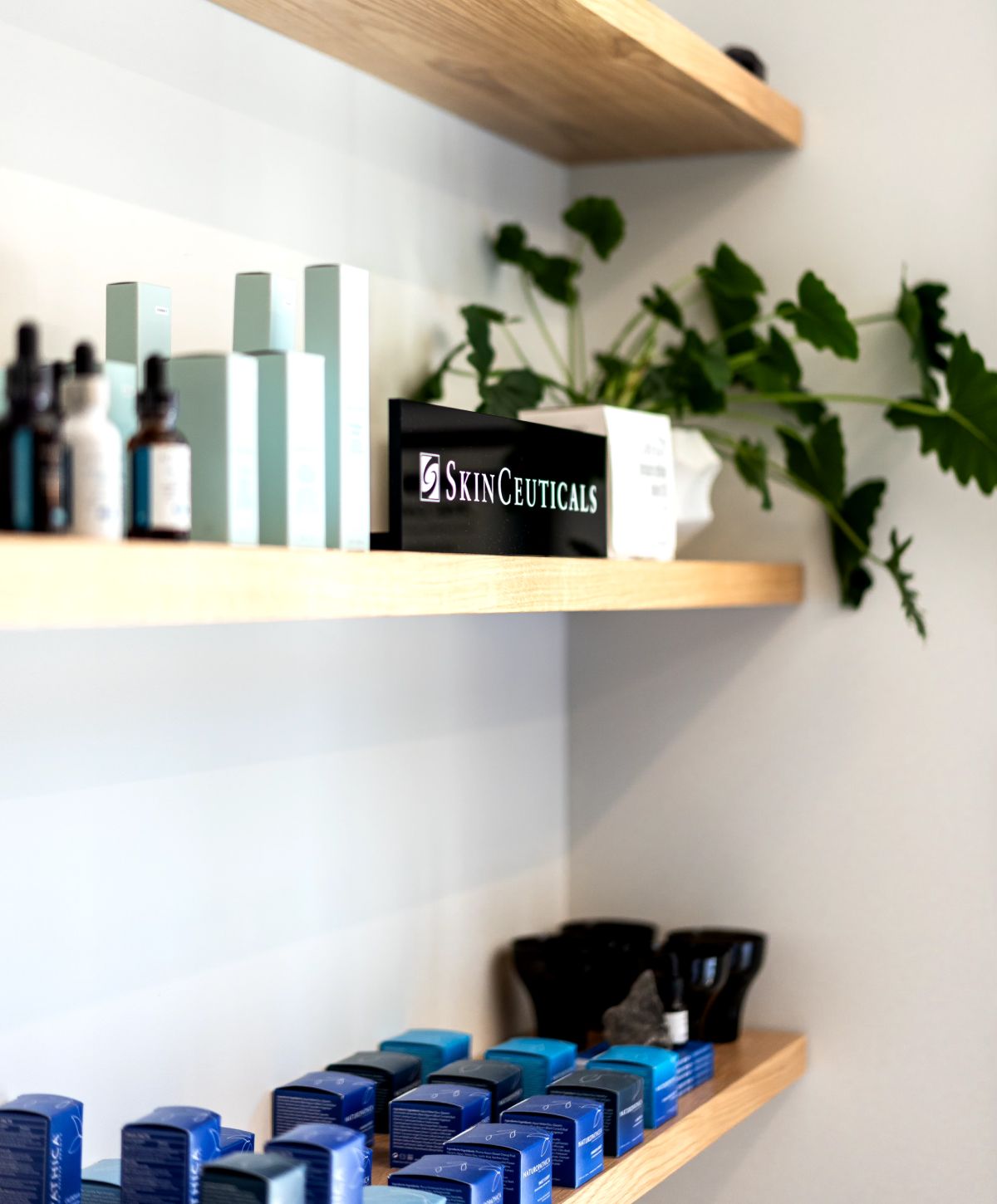 SkinCeuticals products on wooden shelves with plants.